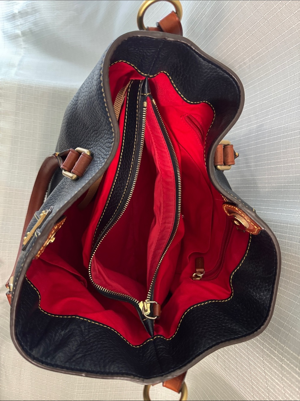 Dooney & Bourke Navy Pebble Leather Tote with Brown Handles and Gold Hardware - Picture 7 of 8